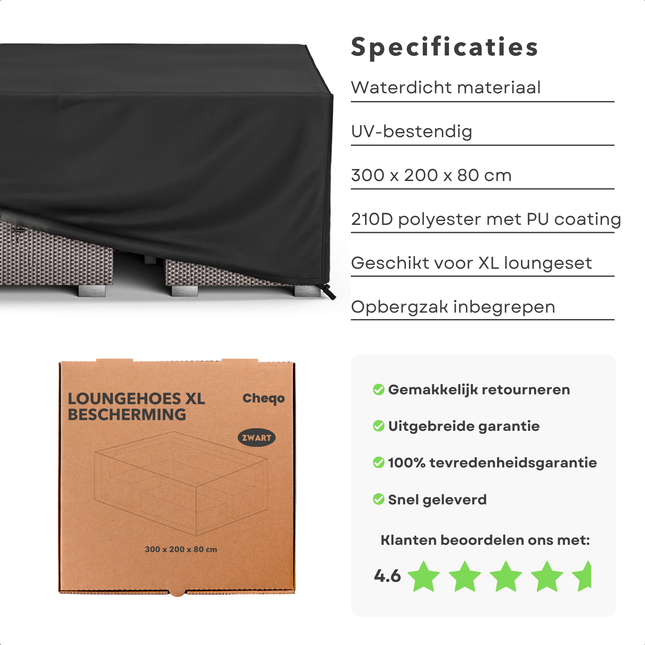 Cheqo® Loungeset Beschermhoes XL - Afdekhoes - Loungeset Hoes - Tuinmeubelhoes - Waterdicht & UV-bestendig - Polyester Zwart