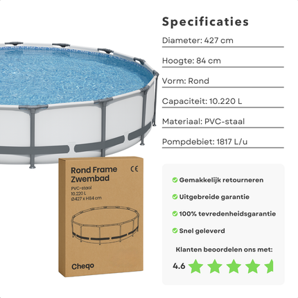 Cheqo® Opzetzwembad Rond – Familie Zwembad met Frame – Bovengronds Zwembad met Filterpomp – 10220L – Duurzaam PVC – Roestbestendig – Waterpret in de Tuin – Eenvoudig Zonder Gereedschap – Zomerse Verkoeling