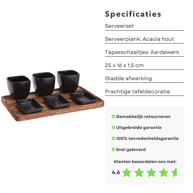 Cheqo® Luxe Serveerplankje met Tapasschaaltjes - Acacia Hout - 25 x 16 x 1.5 cm - Aardewerk Schaaltjes - Tapasplank - Borrelplank - Serveerplank - Hapjesplank - Lange Levensduur Serveerplanken
