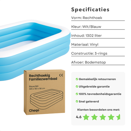 Cheqo® Opblaasbaar Zwembad - Opblaaszwembad - Familiezwembad - Rechthoekig - Vinyl met Brede Zijwanden