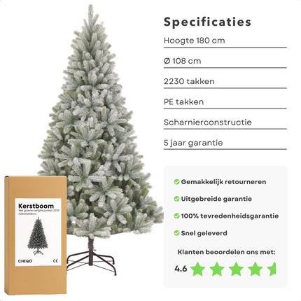 Cheqo® Kunstkerstboom met Sneeuw - Luxe Afwerking - Realistische Look - Natuurgetrouwe Naaldvorm - Scharnierconstructie - Volle Kerstboom - Weelderige Boom - Kerstboom 180 CM - Groene Kerstboom - Gemakkelijk Op Te Zetten