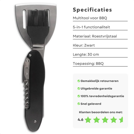 Cheqo BBQ multitool 5-in-1 met roestvrijstalen inklapbaar ontwerp, zwart, 30 cm lang, inclusief borstels en spatel, hoge klantbeoordeling.