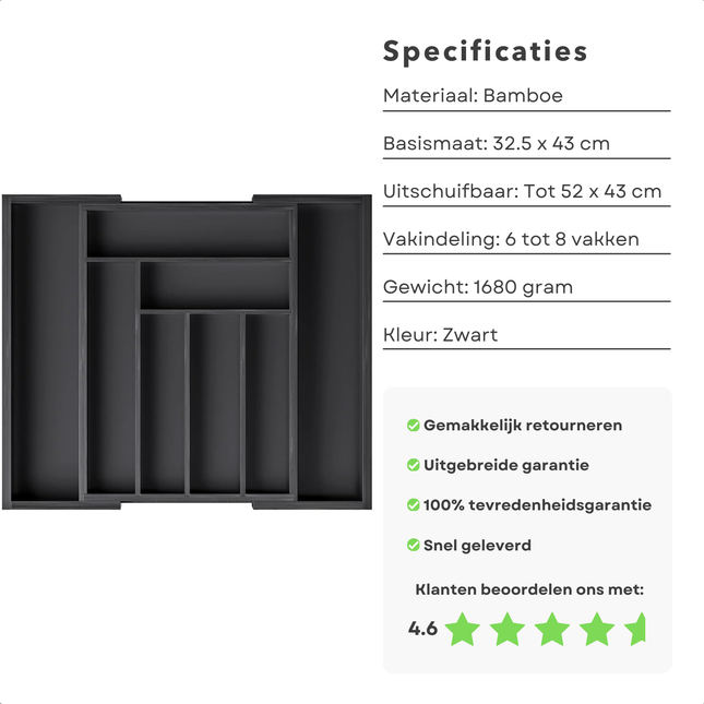 Cheqo® Uitschuifbare Bamboe Bestekbak - Besteklade - Keukenlade - Bestek Organizer - Verstelbare Keukenla Organizer - 33-52x43x5 cm - Zwart