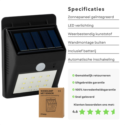 Cheqo® Solar Wandlamp - Tuinverlichting Op Zonne-Energie - Wandlamp Buiten - Buitenlamp Met Sensor - Zonne-Energie Verlichting - Weerbestendig Kunststof - Geïntegreerde LED - Zonder Elektriciteit - Schemersensor - Zwarte Wandlamp