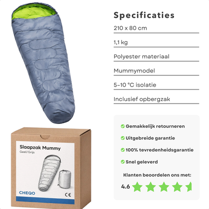 Cheqo® Mummy Slaapzak - Zomerslaapzak - Slaapzak Volwassenen - Slaapzak 1 Persoons - Camping Slaapzak - Outdoor Slaapzak - Festival Slaapzak - Lichtgewicht Slaapzak - Slaapzak Met Capuchon - Geel Grijze Slaapzak