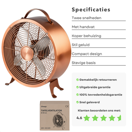 Cheqo® Tafelventilator - Tafel Ventilator - Ventilator voor Bureau of Tafel - Airco Alternatief - Fan - Koper - 2 Snelheden - Modern Design - Met Handvat