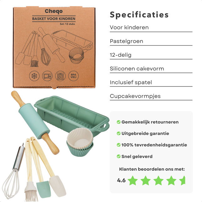 Cheqo® Kinder Bakset - 12-Delige Set - Bakset voor kinderen met Cupcake Vormen - Bakvorm en Accessoires - Kwast - Spatel - Deegroller - Kinderfeestje - Cake Bakken - Cupcakes Maken - Cadeau voor Kinderen