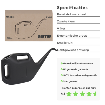 Cheqo® Zwarte Kunststof Gieter - 9 Liter - Planten Water Geven
