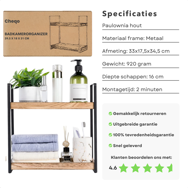 Cheqo® Badkamer Organizer - Badkamerrek - Badkamer Rek - Keuken Organizer - Aanrecht Organizer - Paulownia Hout - Compact Keukenrek - Metaal Frame