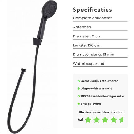 Cheqo® Complete Doucheset - Zwarte Douchekop met Doucheslang en Houder - 3 Standen - Waterbesparend
