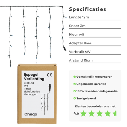 Cheqo® Ijspegel Verlichting - Kerstverlichting Buiten - Ijspegelverlichting 360 LED - Wit Licht - Koelwit - 12 Meter Lengte - 8 Lichtfuncties - met Timer - Geheugenfunctie - IP44 Adapter - Geschikt voor Buiten