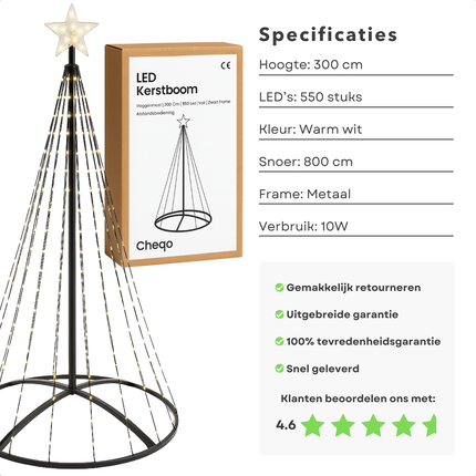 Cheqo® Kerstboom Vlaggenmast - 300 cm Hoogte - 550 LED - Warm Wit Licht - Zwart Frame - Afstandsbediening - Binnen En Buiten - Vlaggenmast Verlichting - Metaal Frame - Kunststof Basis - IP44 Adapter - Ster Met LED - Kerstlampjes Buiten