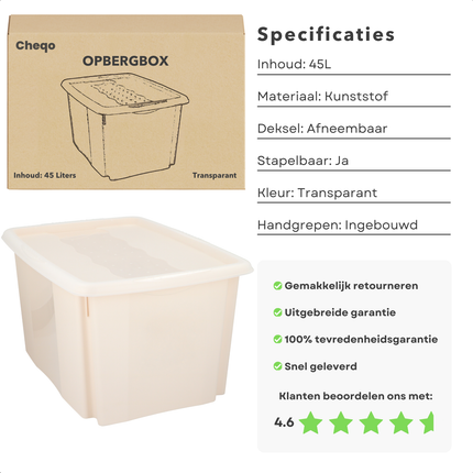 Cheqo® Opbergbox 45L - Opbergdoos - Opslagbox - Kunststof - Met Deksel - Ideaal voor Kledingopslag