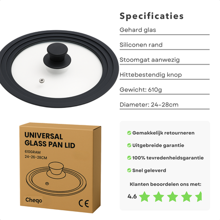 Cheqo® Universeel Glazen Pannendeksel - 24-28 cm - Siliconen Rand - Stoomgat - Warmtebestendig