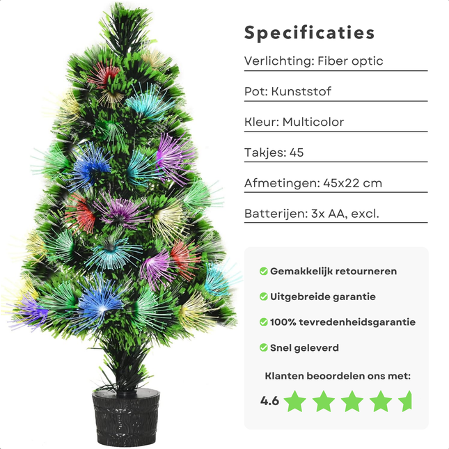 Multicolor fiber optic mini Christmas tree with 45 branches, 45 cm tall, featuring indoor battery-operated lighting.