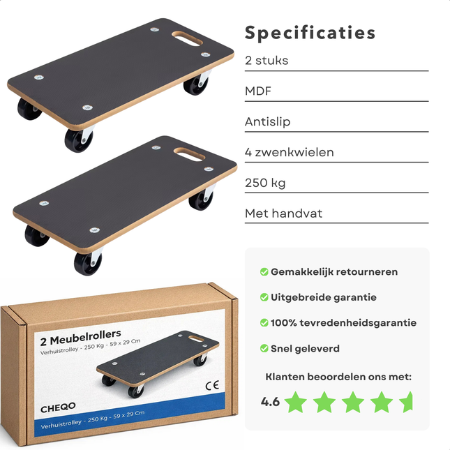 Cheqo® Meubelroller - Meubelrollers - Meubeltransporter - Meubelverplaatser - Transportroller - Transport trolley - Verhuis trolley - Transport dolly - Meubelhondje - Transporthulp - Verhuis hondje