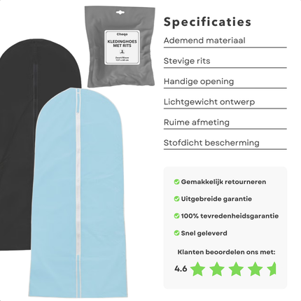 Cheqo® Kledinghoes - Kledinghoezen - Kledingzakken - Opbergzak Kleding - Ademend en Met Rits - Bescherming voor Jassen en Jurken