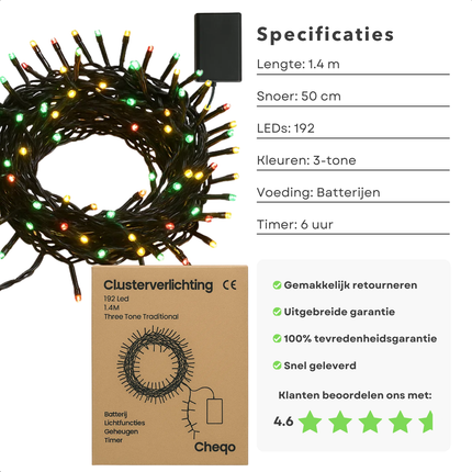 Cheqo® Kerstverlichting - Kerstlampjes - Kerstboomverlichting op Batterij - 192 LED Lampjes - Drie Kleuren Licht - Rood Warm Wit Groen - 8 Lichtfuncties - Geheugenfunctie Verlichting - Timer 6 Uur - Verlichte Lengte 140 CM - Op Batterijen