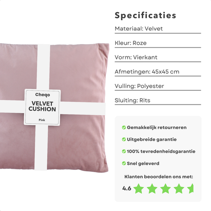 Cheqo® Velvet Sierkussen Roze - Gevuld Kussen - Luxe Decoratief Kussen - 45x45 cm - Fluweel