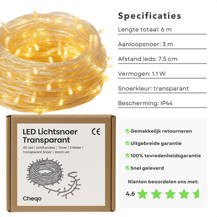 Cheqo® LED Verlichting - 40 LED Lampjes - Warm Wit - Lichtfuncties - Timer Functie - Kerstboomverlichting Transparant Snoer - Binnen En Buiten - IP44 Adapter - Kerstverlichting - Lichtslinger - Sfeerverlichting - Kerstlampjes
