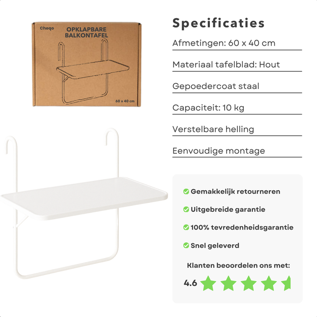 Cheqo® Balkontafel - Hout Verstelbaar - Hangend - Wit - Balkon Tafel - Balkontafeltje