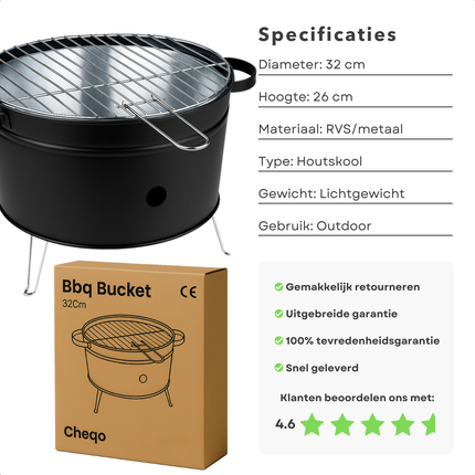 Cheqo® Tafelbarbecue Houtskool - Tafel Barbecue - BBQ Tafelmodel - Houtskoolbarbecue - Compacte BBQ voor Camping of Park - 35 cm - RVS - Lichtgewicht