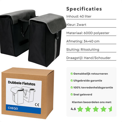 Cheqo® Dubbele Fietstas - 40 Liter Fietstas - Zwarte Fietstas - Fiets Tas