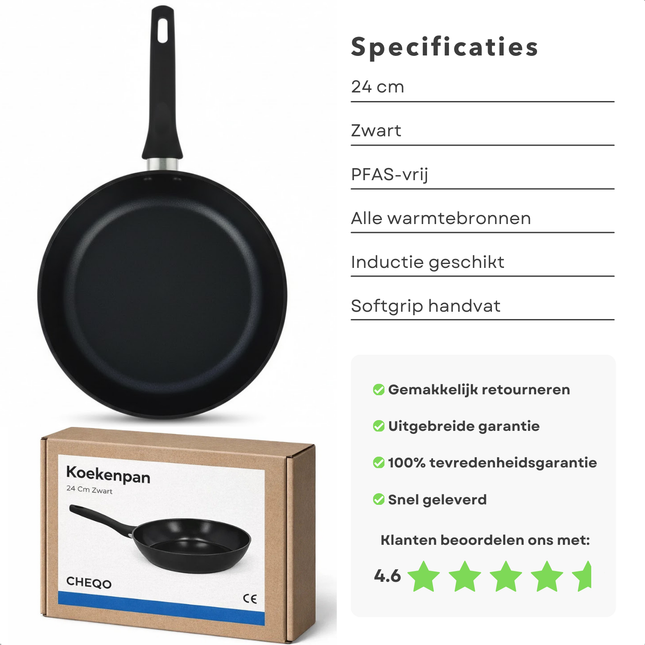 Cheqo® Koekenpan Inductie - Koekenpan - Koekenpan 24 Cm - Koekenpan Zwart - Pfas Vrije Koekenpan - Ptfe Vrije Koekenpan - Anti Aanbak Koekenpan - Koekenpan Gas - Koekenpan Elektrisch - Koekenpan Keramisch Fornuis