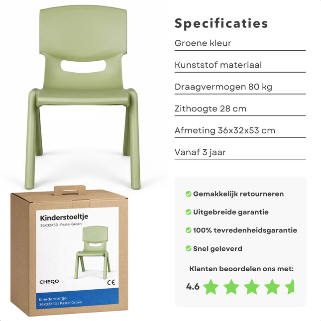 Cheqo® Kinderstoeltje - Kinderstoel - Peuterstoeltje - Peuterstoel - Kinderstoel Groen - Kinderstoel Kind - Stoel voor Kinderen - Kinderstoel 3 Jaar - Kinderstoel Tuin - Kinderstoel Buiten - Kinderstoel Binnen