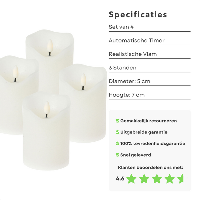 Cheqo® Sfeervolle LED Kaarsen - Set van 4 Stuks - 5x7 cm - met Timer - Realistische Vlam - 3 Standen - Incl. Batterijen - Sfeerverlichting - Waxinelampjes - Theelichtjes - Horeca Kaarsen - Lange Levensduur - Kaarsen op Batterijen Led-kaarsen
