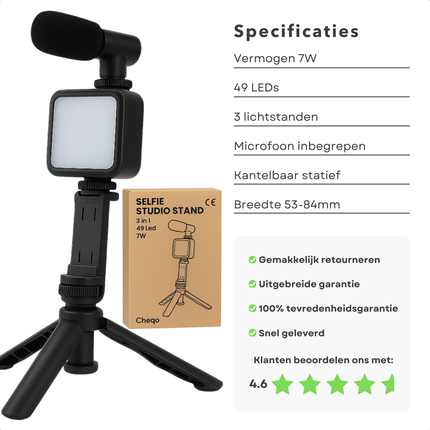 Cheqo® Telefoon Statief Met Lamp - LED Telefoon Statief - Content Creators Statief - Vloggers Telefoon Standaard - Livestream Statief - LED Lamp Met 49 LED’s - Verstelbare Lichthelderheid - Externe Microfoon Statief - Smartphone Tripod