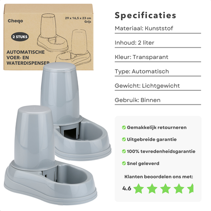 Cheqo® Automatische Voerbak en Waterdispenser - Kat en Hond - Dierenvoederset - Dier Voeder - Voerautomaat - Voor Grote Huisdieren - Kunststof - 2 Stuks