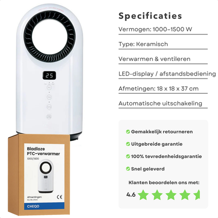 Cheqo® Bladloze Ventilatorkachel - Elektrische Kachel - Keramische Kachel - Ventilatorkachel - Verwarmings- En Ventilatormodi - Afstandsbediening - Heater - Verwarming - Kachel - Ventilator Kachel - Verwarmer