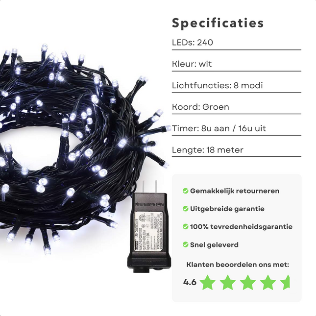 Cheqo® Kerstverlichting - Kerstboomverlichting - Kerstlampjes - Sfeerverlichting - LED Verlichting - Voor Binnen en Buiten - Tuinverlichting - Feestverlichting - 240 LED - 18M - Wit - Timer - 8 Lichtfuncties Kerstboomverlichting