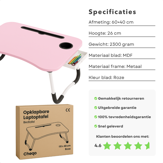 Cheqo® Opklapbare Laptoptafel - Ontbijt op Bed Tafel - Bedtafel met Tablethouder - Bank Tafeltje - Ontbijttafeltje - Banktafel - Roze