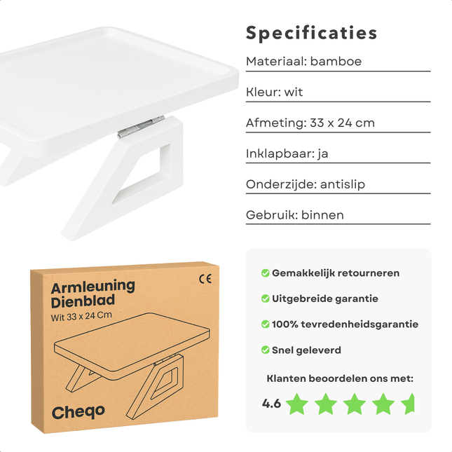 Cheqo® Armleuning Dienblad - Bamboe Materiaal - Wit Dienblad - Inklapbaar Dienblad - Antislip Functie - Banktafel Dienblad - Wit Bamboe - Dienblad Voor Bank - Dienblad Accessoire