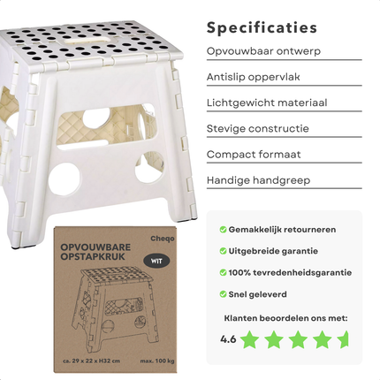 Cheqo® Vouwbare Opstapkruk - Opstapje - Trapje - Kruk - Krukje - Keukentrap - Keukentrapje - Opvouwbaar - Anti-Slip - ABS Materiaal - Max. 100 kg - Wit