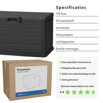 Cheqo® Kussenbox - Opbergbox Tuin - Tuinbox - Tuinkist - Opbergkist Tuin - Kussenkist - Opbergbox Buiten - Tuin Opbergbox - Opbergkist Buiten - Opbergbox met Deksel - Opbergkist met Deksel - Kussenbox Antraciet