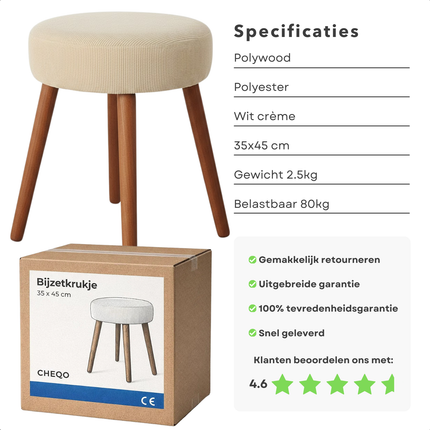 Cheqo® Bijzetkrukje - Bijzetkruk - Poef - Voetenbank - Voetenbankje - Kruk - Krukje - Creme Poef - Creme Voetenbank - Corduroy Poef - Corduroy Voetenbank