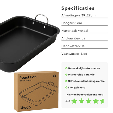 Cheqo® Metalen Ovenschaal - Anti-Aanbaklaag - Rechthoekige Schaal - Braadschaal Met Handvatten - Lasagnepan - Groenteschotel Ovenschaal - Kip Bakken Ovenschaal - Niet Vaatwasmachinebestendig - Handwas Aanbevolen