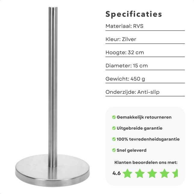 Cheqo® RVS Keukenrolhouder - Rollenhouder - Keukenrol Houder - Keukenpapier Houder - Modern Design - Staand Model - Keukenaccessoires
