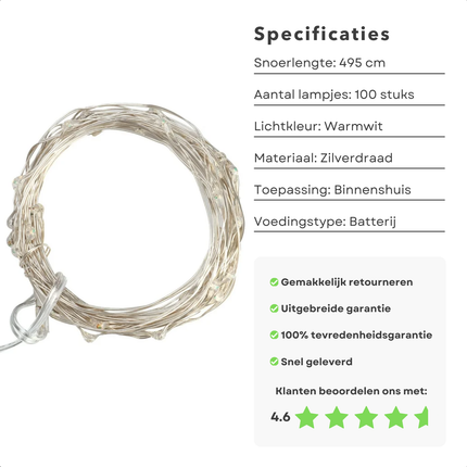 Cheqo® Kerstverlichting - Kerstboomverlichting - Kerstlampjes - Zilverdraad - Warmwitte LED Lampjes - Binnenverlichting 495 cm - 100 Lampjes