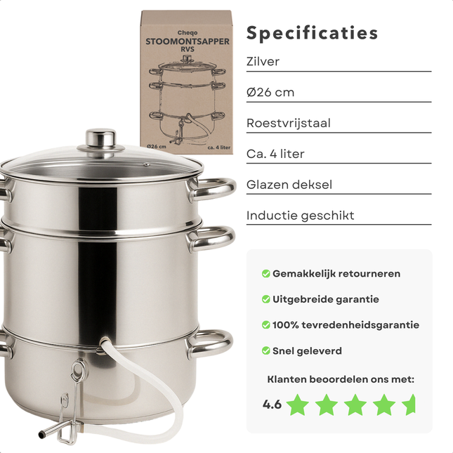 Cheqo® Ontsapper - Stoomextractor - RVS - 26 cm - Sappan - Stoompan - Geschikt voor Inductie - Glazen Deksel - Siliconen Slang