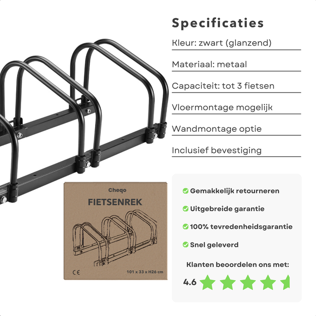 Cheqo® Fietsenrek Metaal - Fietsenstalling voor 3 Fietsen - Fietsrek - Fietsen Rek - Fietsenstandaard - Vloer/Muurmontage - 100 cm - Zwart