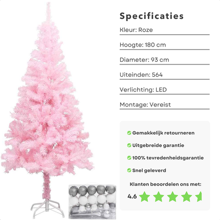 Cheqo® Roze Kerstboom - Kerstboom - Kunstkerstboom 180 cm - Met LED-Verlichting en Kerstballen - PVC - USB-Aansluiting