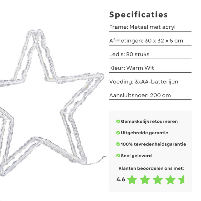 Cheqo® Luxe Kerstster - 80 LED's - Timer - Op Batterijen - Binnen en Buiten - 32 cm - Kerstverlichting - Kerst Figuur - Kerstlampjes - Kerstversiering - Lichtslinger - Voor Binnen en Buiten - Metalen Frame - Acryl - 30 x 32 x 5 cm - Energiezuinig Verlichte Kerstfiguren