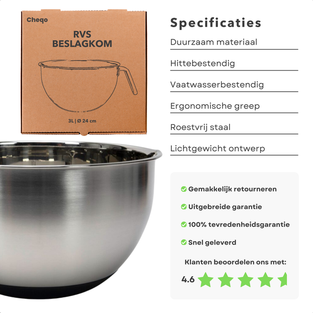 Cheqo® RVS Beslagkom - Mengkom 24 cm - Bakspullen - RVS Keukenkom