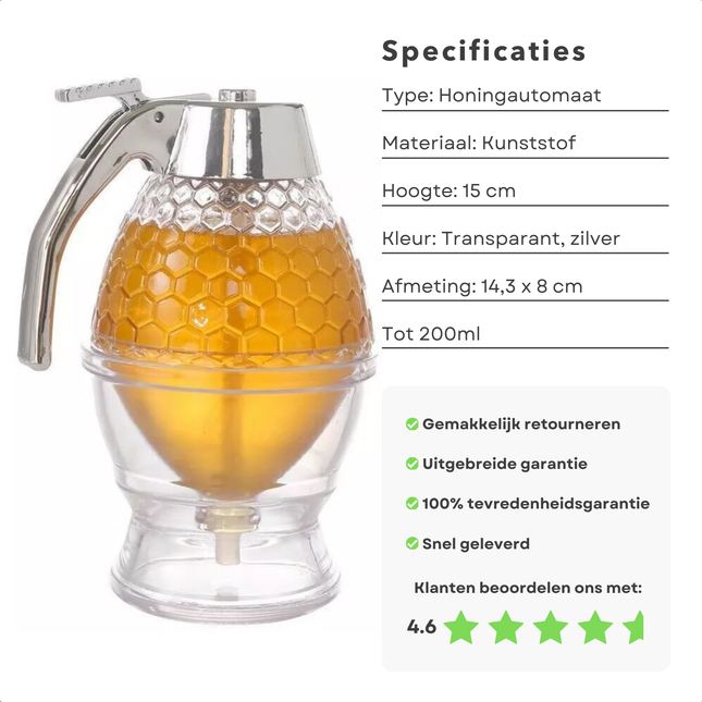 "Cheqo honingdispenser 15 cm kunststof, transparant met zilver, honingautomaat specificaties en garantie"