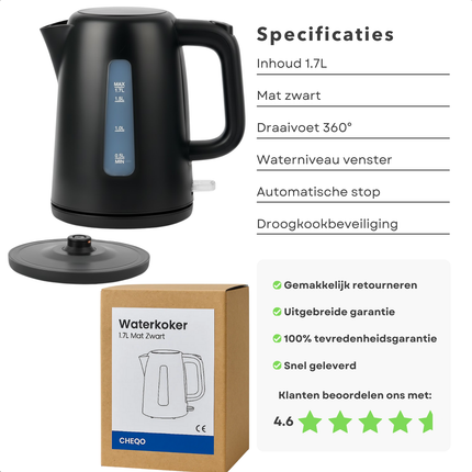 Cheqo® Waterkoker – Mat Zwarte Waterkoker – Snoerloos Design – Water Koker - Water Koken – Waterniveau-Indicator – Verborgen Verwarmingselement – Automatische Uitschakeling – Verlichte Aan/Uit-Schakelaar - Theekan