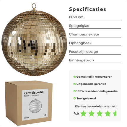 Cheqo® Kerst Discobal - Spiegelbol 50 CM - Gouden Spiegelglas - Disco Bal Goud - Eenvoudig Op Te Hangen - Kerstversiering - Feestdagen Decoratie - Discobal Ornament - Spiegelglas Discobal - Kerstdecoratie